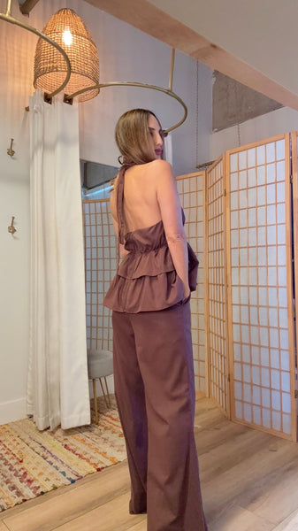 Elara Chocolate Set – Halter Peplum Top & Loose Linen-Blend Pants