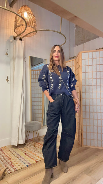 Vionna Dark Denim Barrel Pants – Caramel Stitching Lightweight Fall Denim