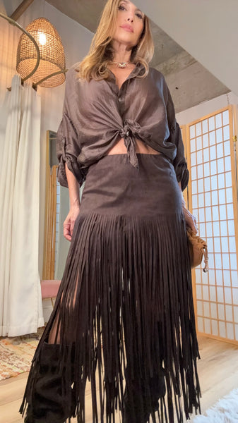 Agus Vegan Suede Fringe Midi Skirt