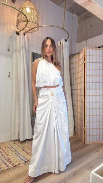 Naxos white one shoulder draped set