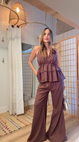Elara Chocolate Set – Halter Peplum Top & Loose Linen-Blend Pants