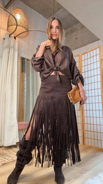 Agus Vegan Suede Fringe Midi Skirt