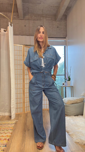 City Breeze: Light Denim Short Sleeve & Loose Fit pants  , set