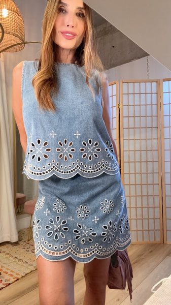 Denim Eyelet Skort Set