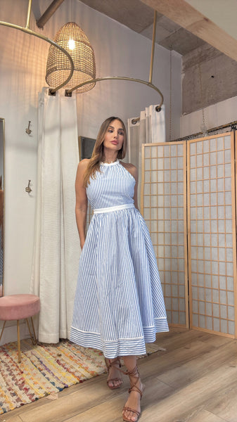 Sardinia sundress halter in baby blue stripes