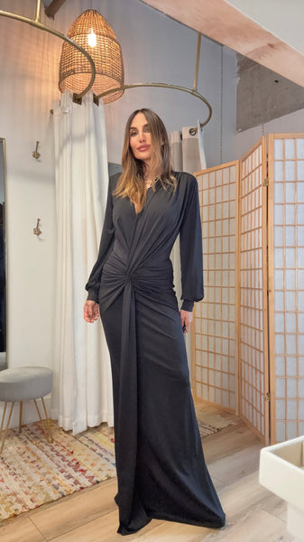 Osaka Maxi Dress — Black Draped Long Sleeve Dress