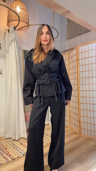 “Petra Cropped Trench – Black Belted Waist Jacket