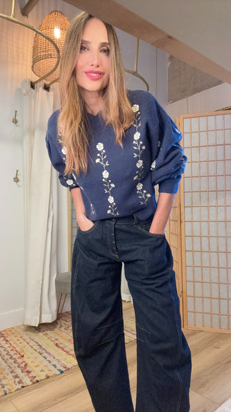 Nerisse Navy Embroidered Petite-Floral Sweater – Lightweight Fall Knit