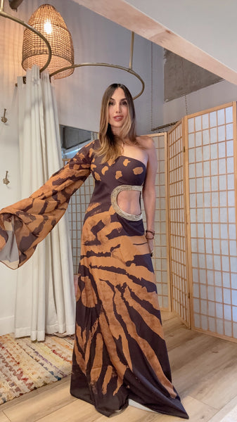 “Noema Chocolate Dress – Golden Cutout Glamour”