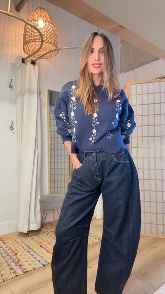 Nerisse Navy Embroidered Petite-Floral Sweater – Lightweight Fall Knit