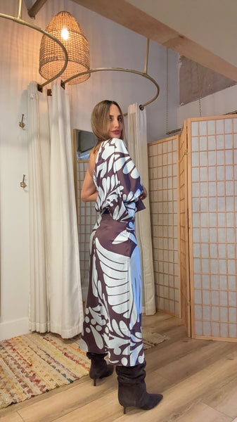 Lyris One-Shoulder Baby Blue & Chocolate Abstract Dress – Silky Fall Look