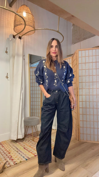 Vionna Dark Denim Barrel Pants – Caramel Stitching Lightweight Fall Denim