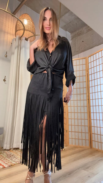 Agus Vegan Suede Fringe Midi Skirt