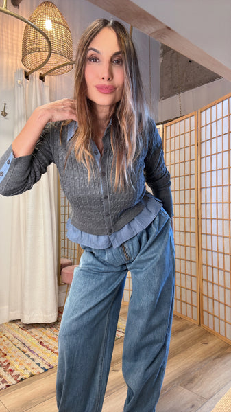 Eldora Grey & Blue Knitted V-Neck Top