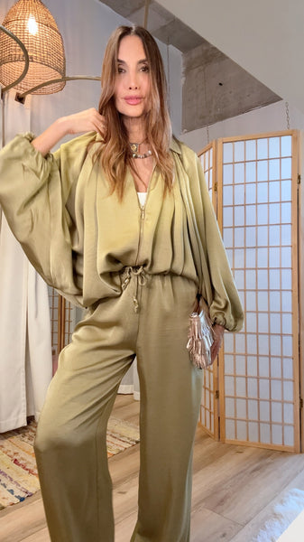 Olive Satin Wide Leg Pants & Draped Jacket Set