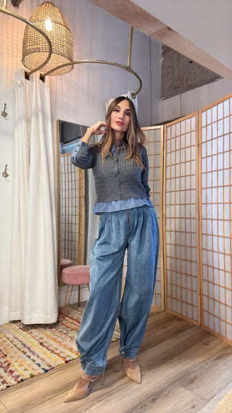 Eldora Grey & Blue Knitted V-Neck Top