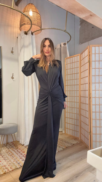 Osaka Maxi Dress — Black Draped Long Sleeve Dress