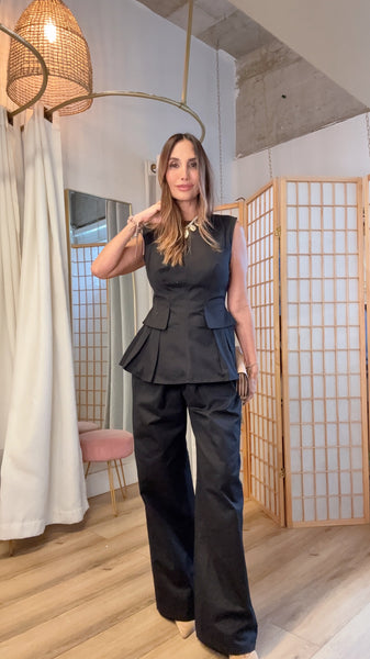 Isabella Structured Peplum Top & Straight Leg Pants Set | Green Grass Style