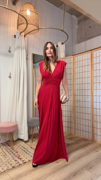 The Aelira Iridescent Plissé Maxi” – V-Neck Knit Dress with Shoulder Pads