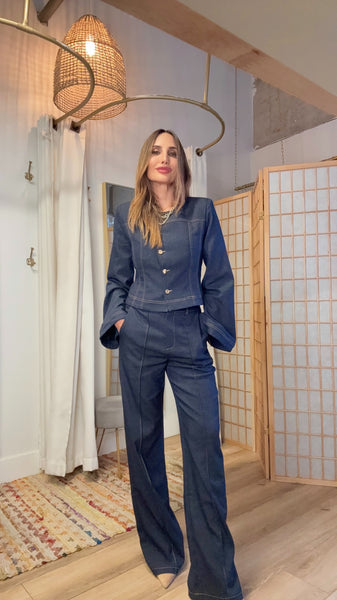 Maelis Dark-Light Denim Straight Pants & Cropped Gold-Button Jacket Set