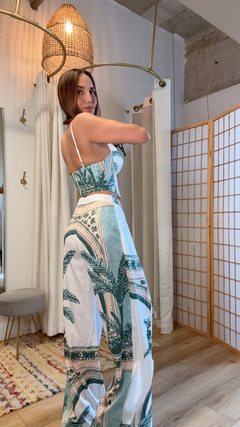 Mediterranean Print Corset Top & Wrap Pants Set | Resort Wear | Green Grass Style