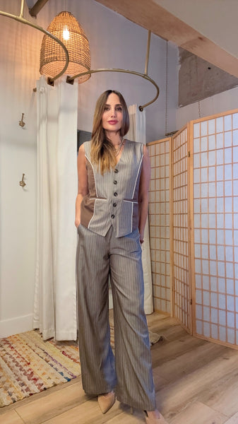 Isolde Light Brown Contrast Vest & Pants Set – Chic Lightweight Work & Night Outfit