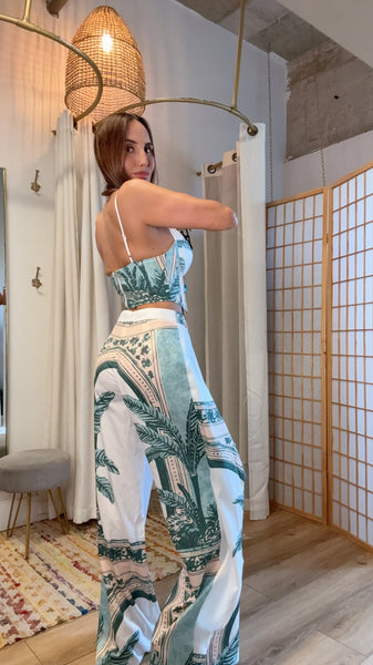 Mediterranean Print Corset Top & Wrap Pants Set | Resort Wear | Green Grass Style