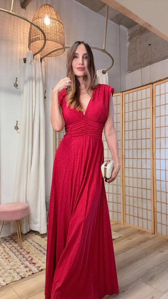 The Aelira Iridescent Plissé Maxi” – V-Neck Knit Dress with Shoulder Pads