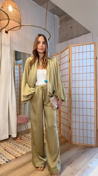 Olive Satin Wide Leg Pants & Draped Jacket Set