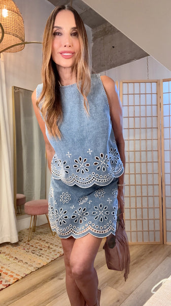 Denim Eyelet Skort Set