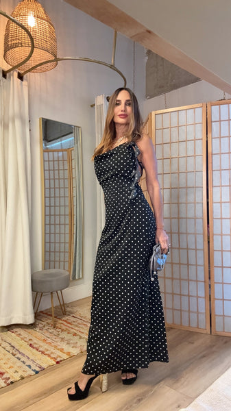 Evelina Polka Dot Strappy Dress – Silky Low-Back Special Event Look