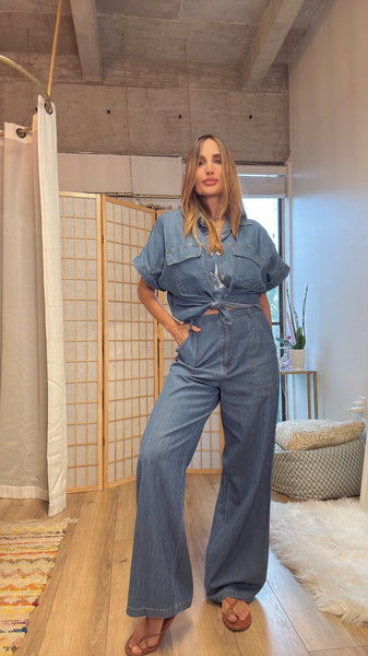 City Breeze: Light Denim Short Sleeve & Loose Fit pants  , set