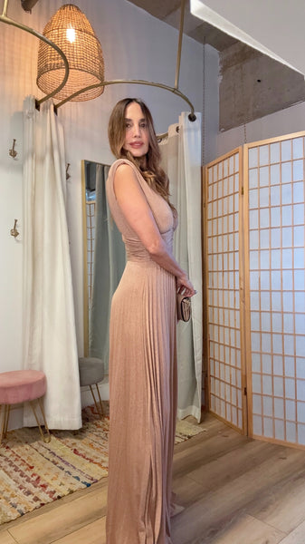 The Aelira Iridescent Plissé Maxi” – V-Neck Knit Dress with Shoulder Pads