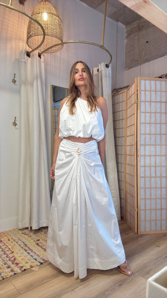Naxos white one shoulder draped set