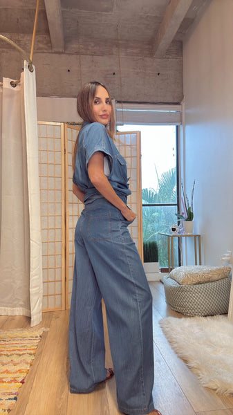 City Breeze: Light Denim Short Sleeve & Loose Fit pants  , set