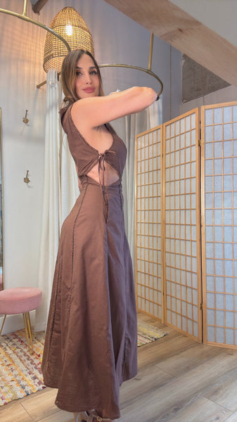 “Camila Brown Linen Cut-Out Dress