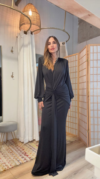 Osaka Maxi Dress — Black Draped Long Sleeve Dress