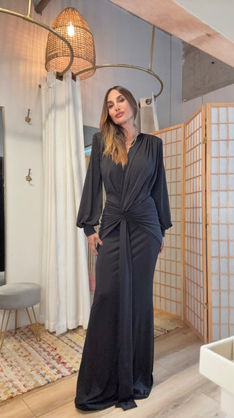 Osaka Maxi Dress — Black Draped Long Sleeve Dress
