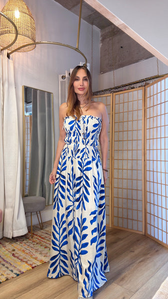 Michaela set strappless top and maxi skirt in blue leaves print
