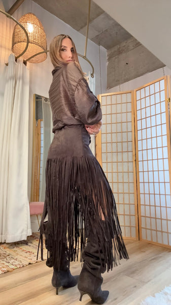 Agus Vegan Suede Fringe Midi Skirt
