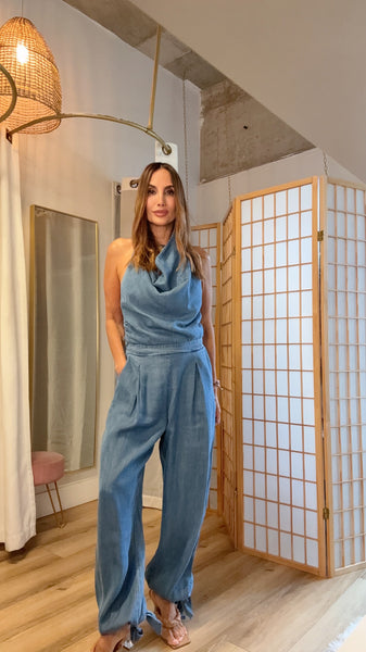 Aspen Chambray Open-Back Halter Set