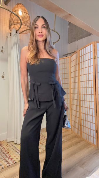 Evangeline Black Set – Strapless Ribbon Top & Loose Pants”