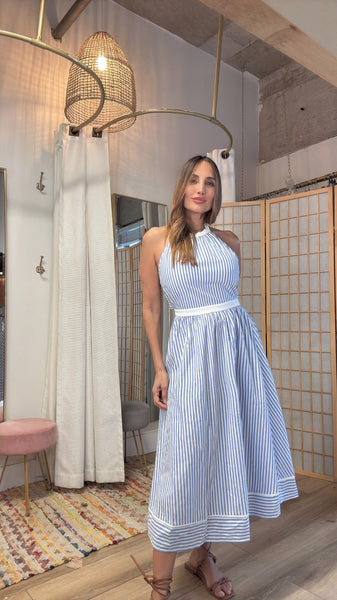 Sardinia sundress halter in baby blue stripes