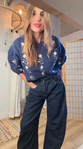 Nerisse Navy Embroidered Petite-Floral Sweater – Lightweight Fall Knit