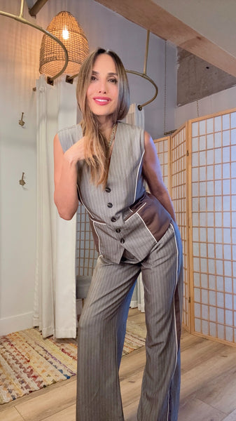 Isolde Light Brown Contrast Vest & Pants Set – Chic Lightweight Work & Night Outfit