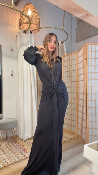 Osaka Maxi Dress — Black Draped Long Sleeve Dress