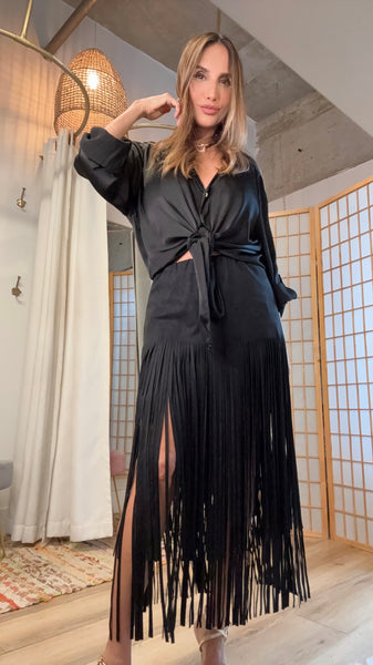 Agus Vegan Suede Fringe Midi Skirt
