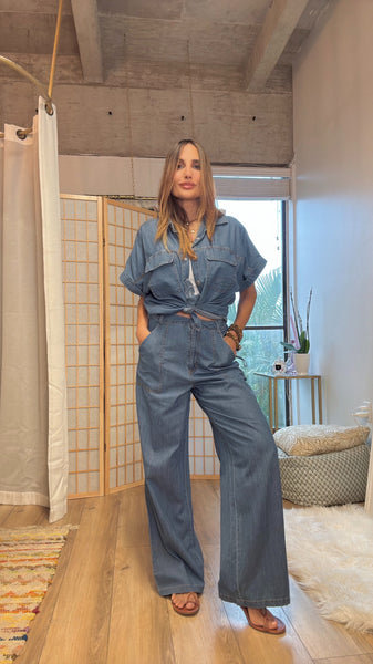 City Breeze: Light Denim Short Sleeve & Loose Fit pants  , set