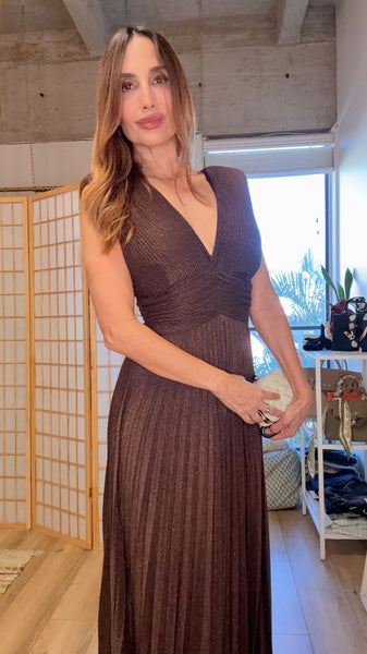 The Aelira Iridescent Plissé Maxi” – V-Neck Knit Dress with Shoulder Pads