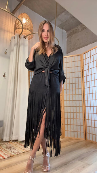 Agus Vegan Suede Fringe Midi Skirt